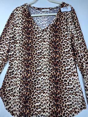 Women's A.gain Leopard Print V-Neck Long Sleeve Top Size XL